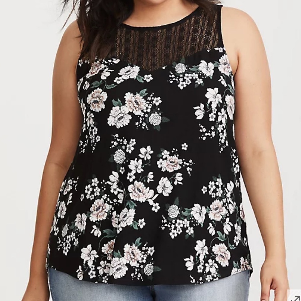 Torrid Plus Size Black Floral Lace Yoke Knit Tank Top